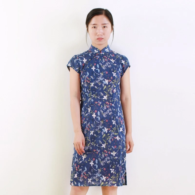 《蝶舞》补丁生活蓝底花朵棉布包扣旗袍FL9611/172