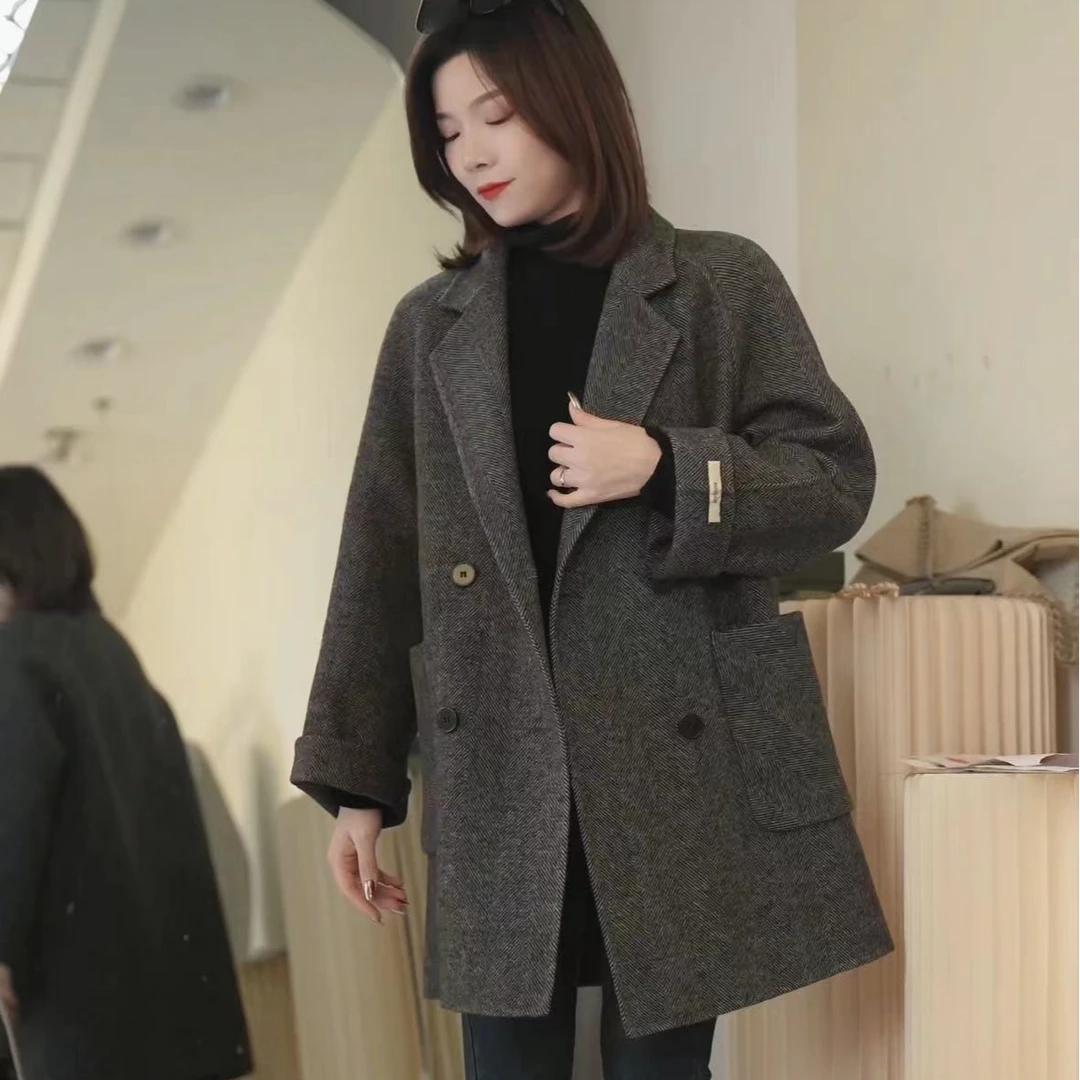 大衣双面2024（逅卫）四粒扣人字纹时尚双面呢大衣中长款百搭气质2