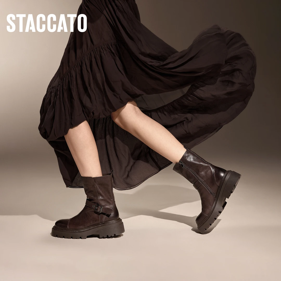 思加图冬季新款旅梦人机车皮靴复古百搭中靴厚底女靴S8537DZ4