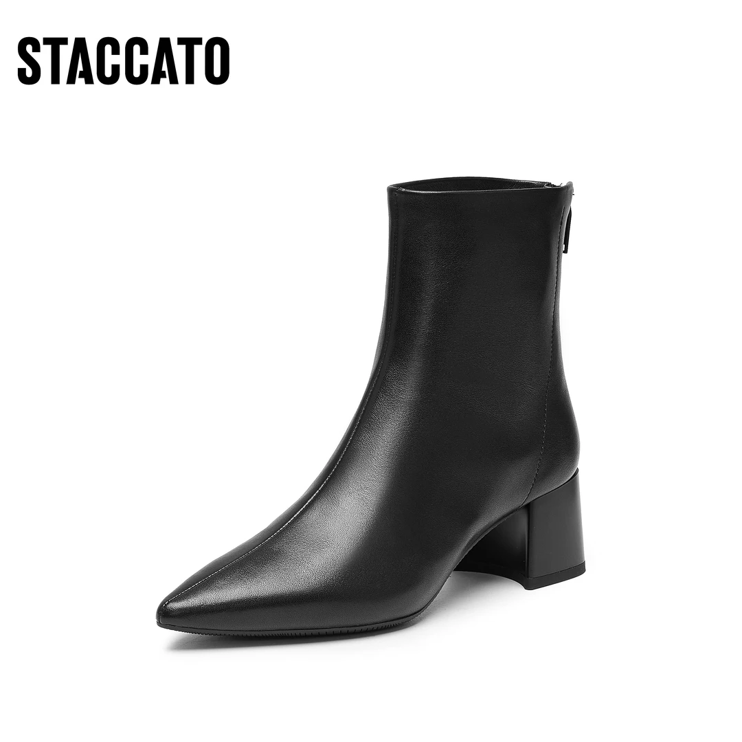 【超模穿搭】思加图新款流光风尖头短靴粗跟时装靴子皮靴9S003DD4