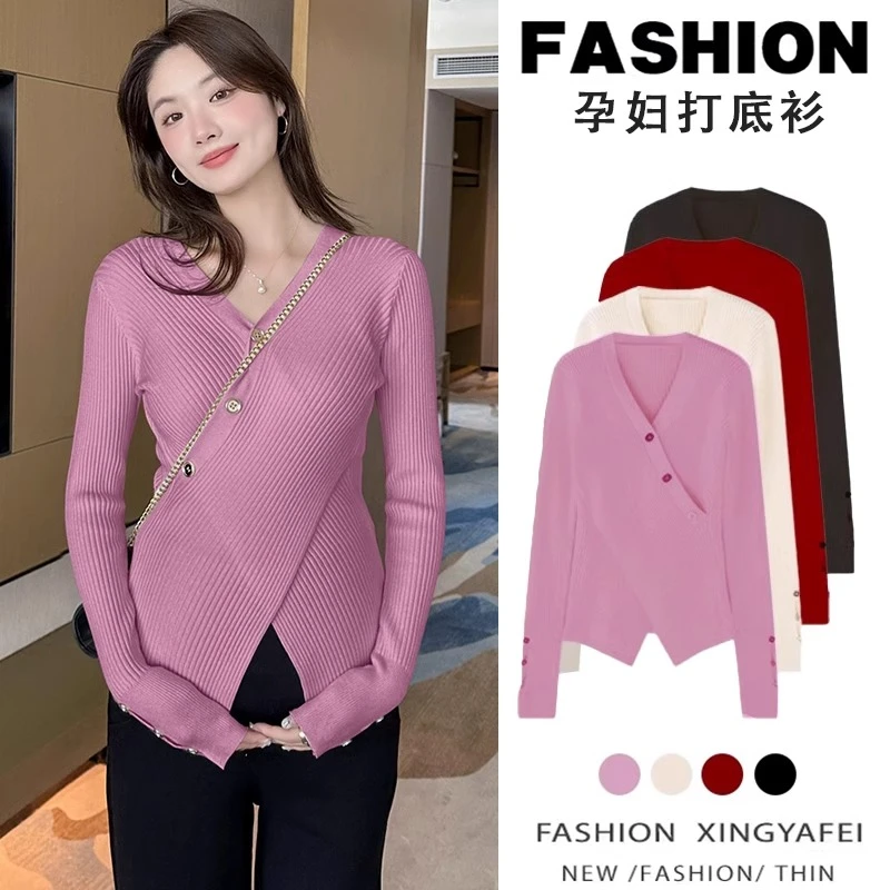 孕妇打底衫秋冬季2024新款百搭显瘦针织毛衣内搭弹力上衣V领长袖
