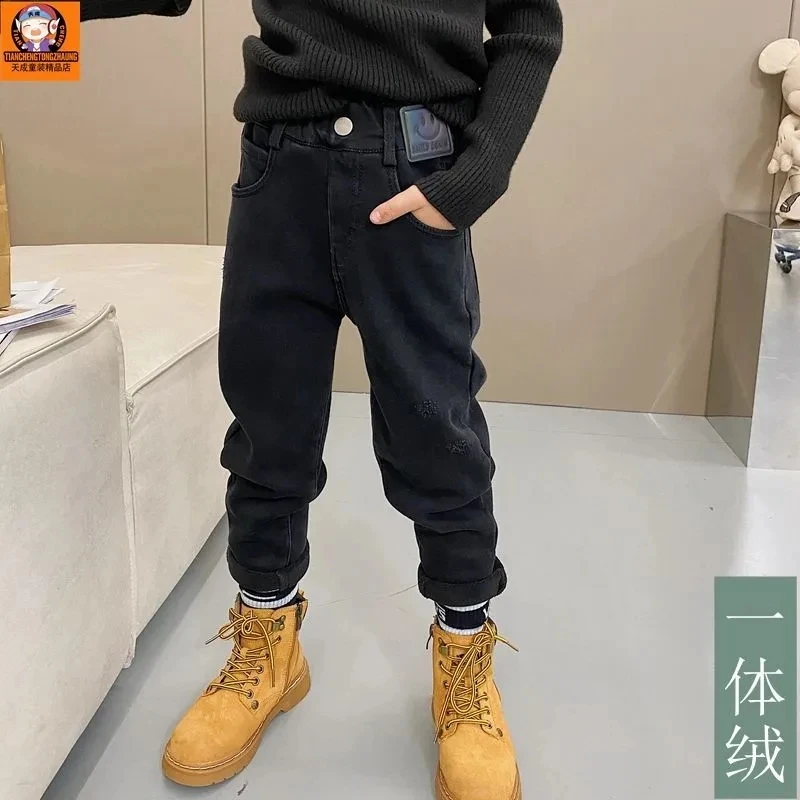 男童一体绒牛仔裤中大童牛仔加厚秋冬款23百搭舒适柔软冬季长裤