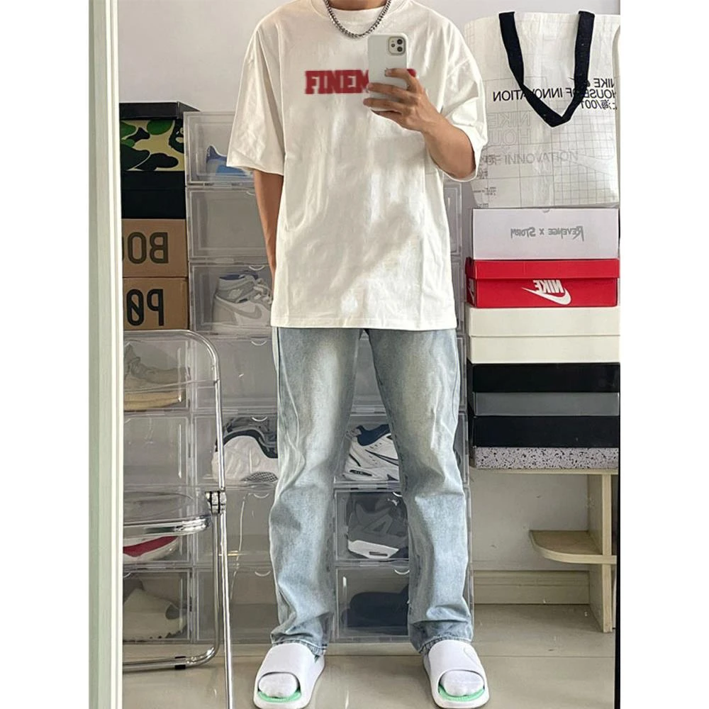 欧美简约风潮牌美式复古休闲百搭白色纯棉短袖T恤男重磅宽松半袖