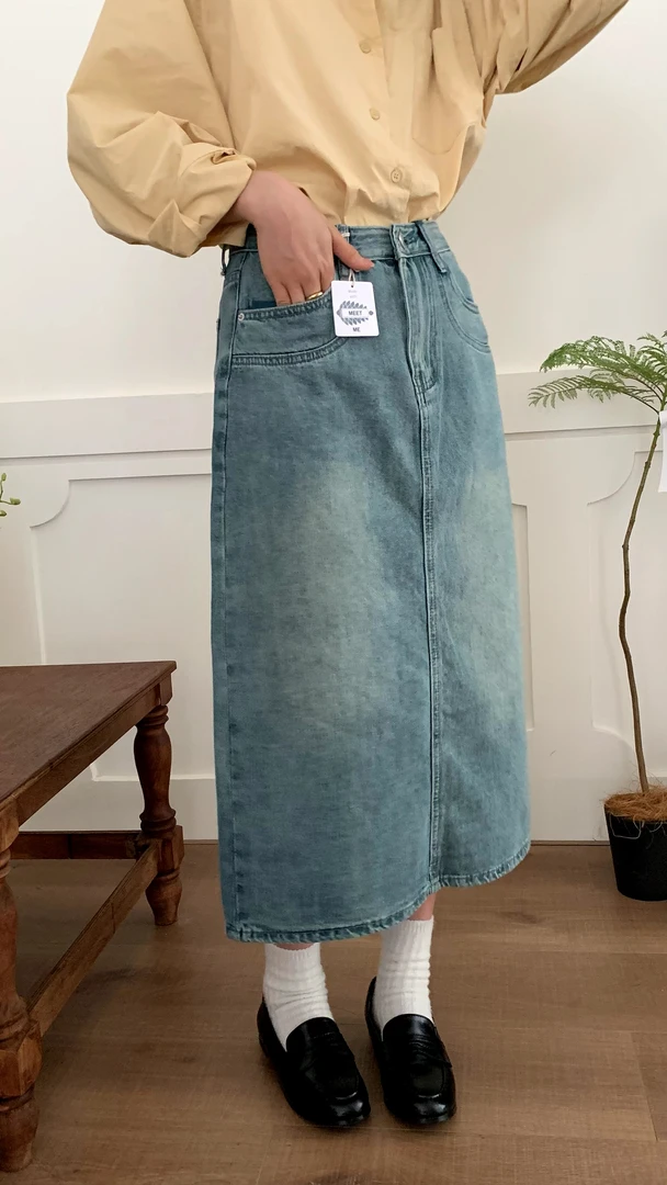 YOUMI 秋季新款韩版复古开叉牛仔牛仔裙小个子修身显瘦极简女