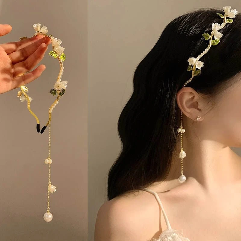 超仙白色铃兰花朵珍珠流苏发箍女森系仙美高级感细款头箍发卡发饰