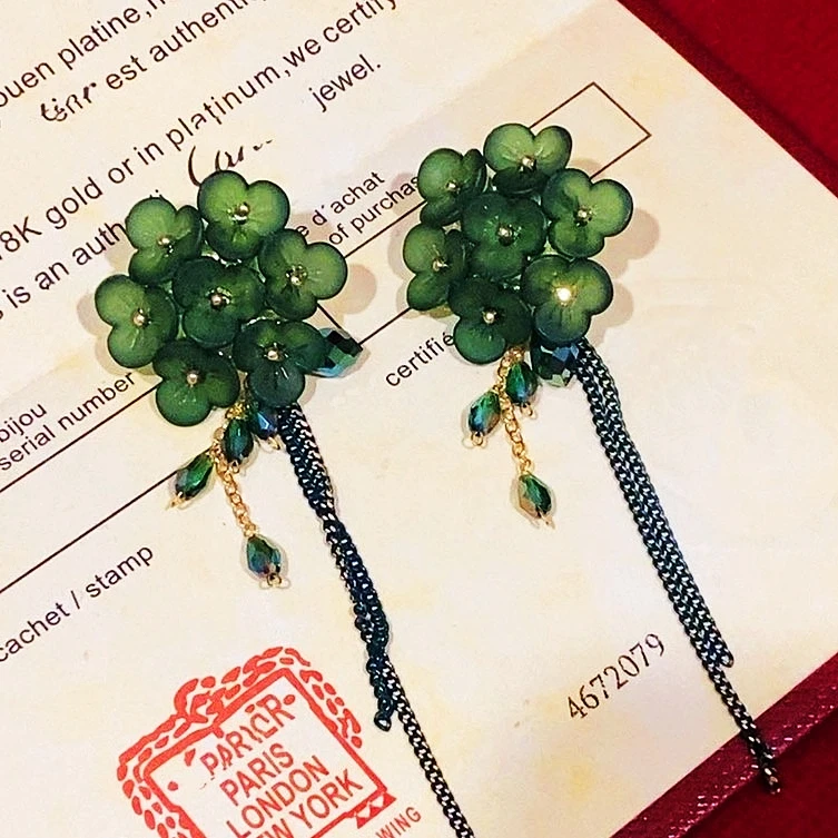 铜合金合成锆石耳饰 【海外手工】A设计师款绿色荷叶流苏耳环1586