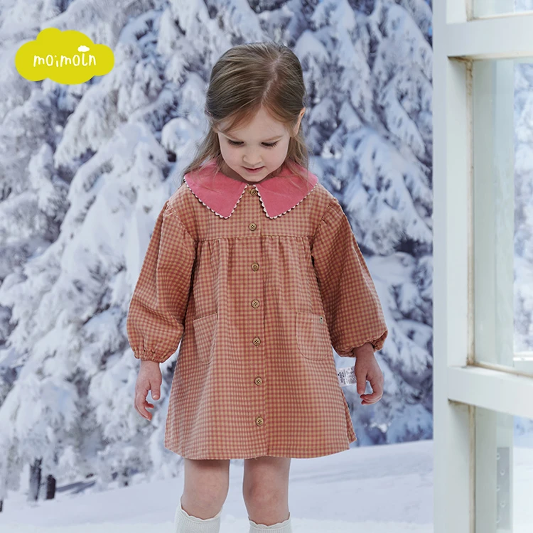 moimoln小云朵童装秋冬新款女童连衣裙女宝宝翻领格子裙子公主裙