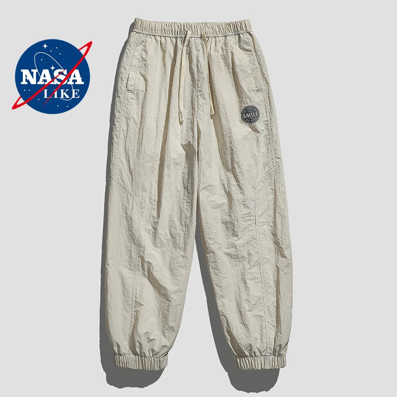 NASA联名宽松冰丝速干褶皱裤子男款潮牌夏季薄款大码凉感束脚裤潮