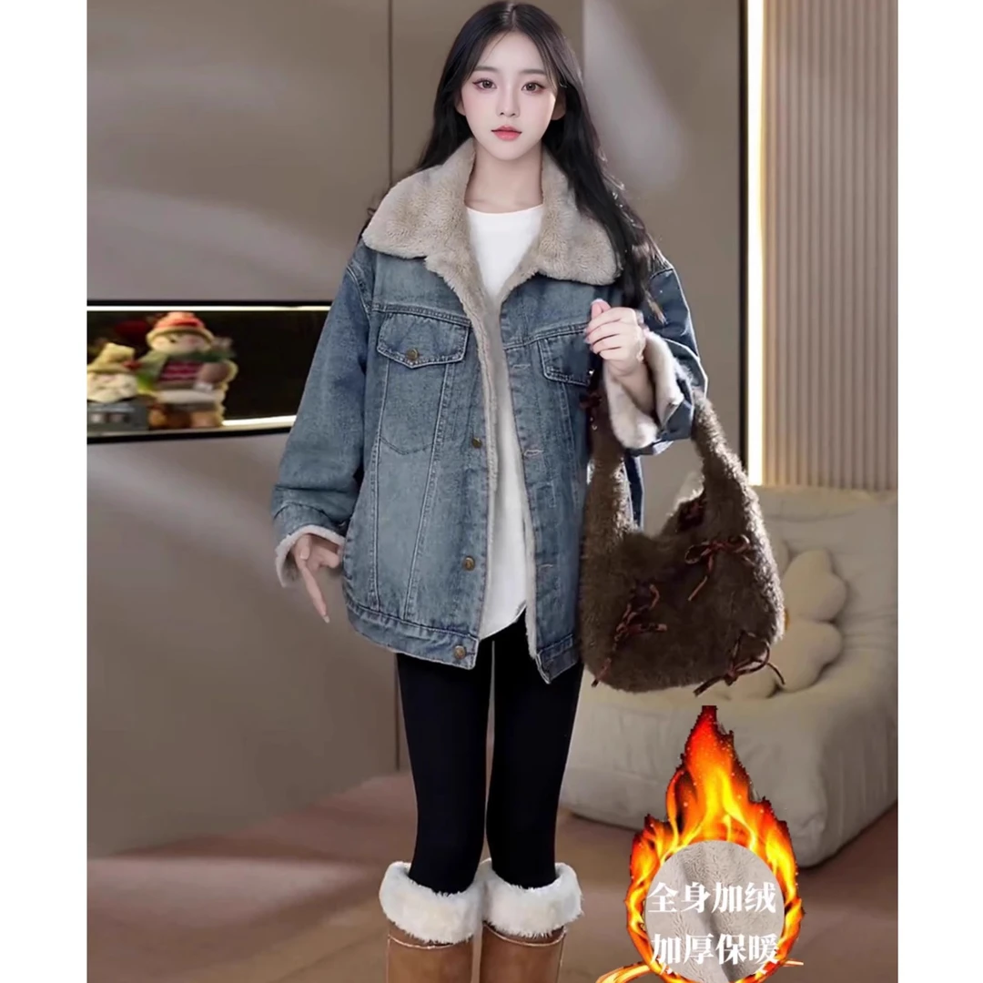 冬季牛仔潮牌外套女加绒加厚慵懒风设计感保暖小个子潮牌外套女