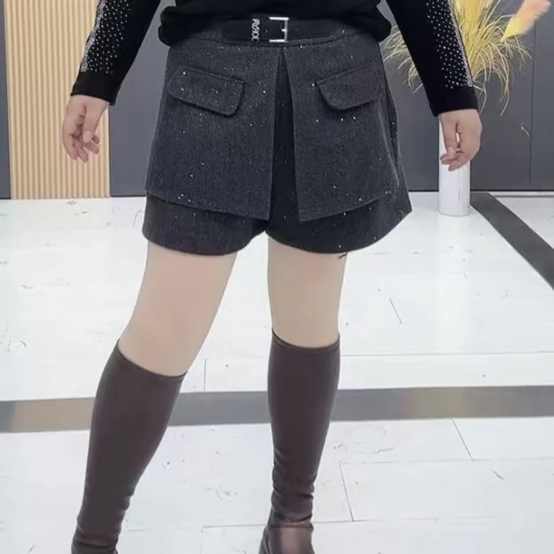 6803-PYF秋冬新款大码松紧腰亮片百搭休闲短裤