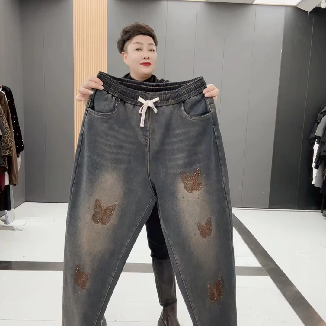 8976-BNE秋冬新款刺绣钻蝴蝶洋气加绒牛仔裤