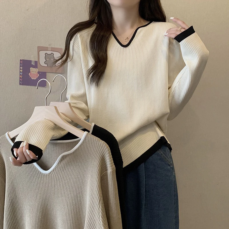 大码胖mm减龄显瘦V领针织宽松百搭打底衫上衣