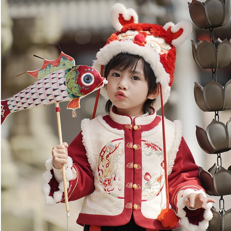 锦韵【小白龙】男女童汉服2023新款民国风秋冬款加绒拜年服中式