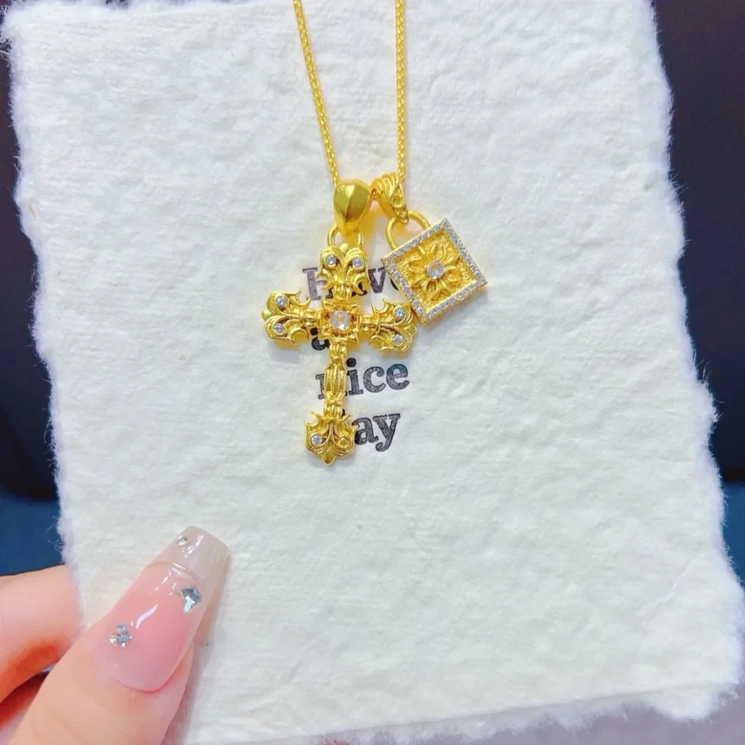 铜合金项链 新中式百搭十字架叠戴锁项链女款小众气质坠链锁骨链