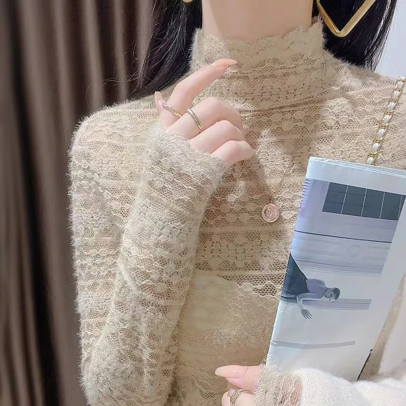 【加绒蕾丝】2024秋冬新款时尚百搭立领磨加绒蕾丝打底衫  T508