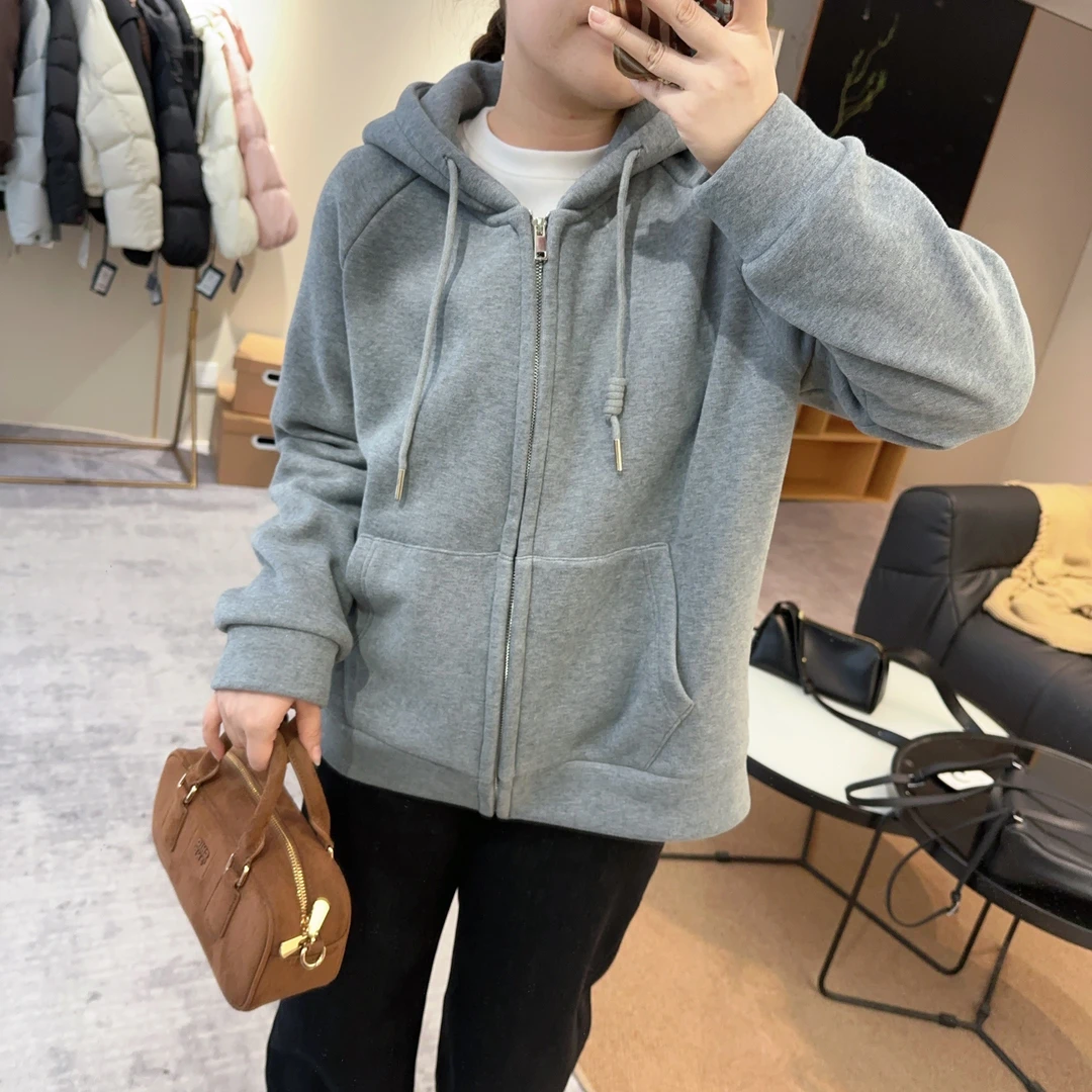 【欧加粒粒】加绒拉链卫衣外套秋冬百搭显瘦休闲带帽纯色 H24100