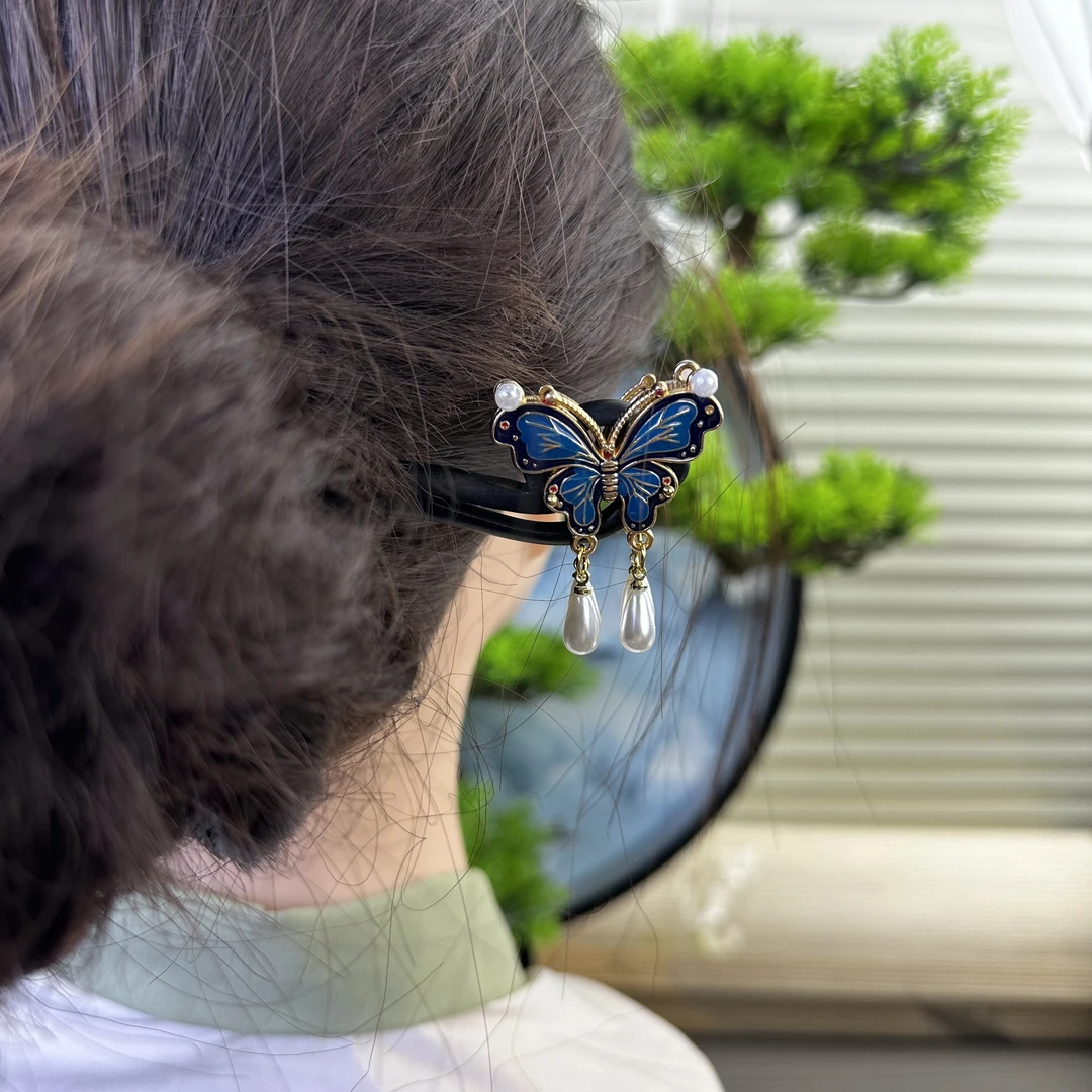 X817烤蓝双面蝴蝶15公分发簪气质手工发饰中式国风簪子百搭木发簪