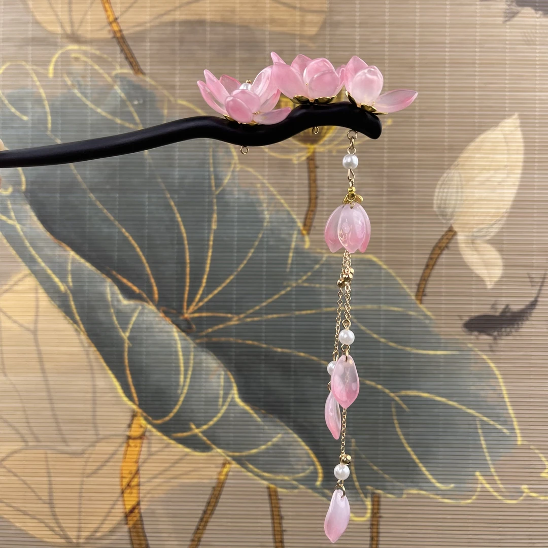 炑歌J91桃花流苏发簪气质手工头饰发饰中式手工国风百搭时尚发簪