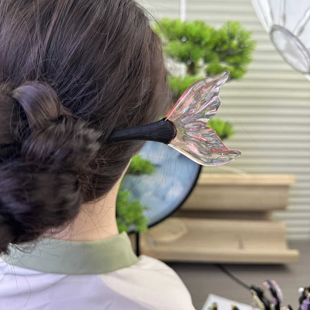 X558粉色鱼尾旗袍头饰发饰复古古风古典手工气质国风简约手工发簪