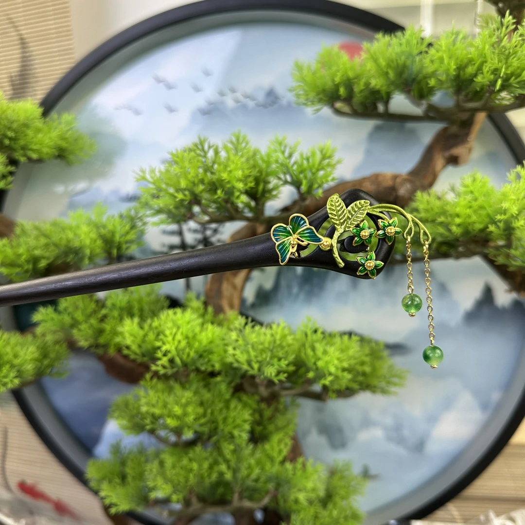 炑歌X632问道绿叶旗袍头饰发饰复古古典手工气质黑色国风手工发簪