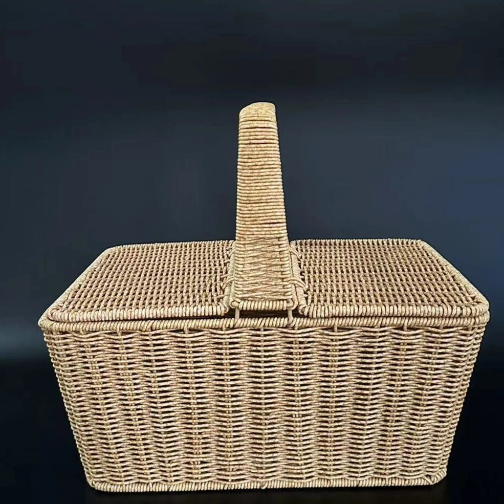 户外野餐篮子带盖仿藤编购物篮40*25*35-J33