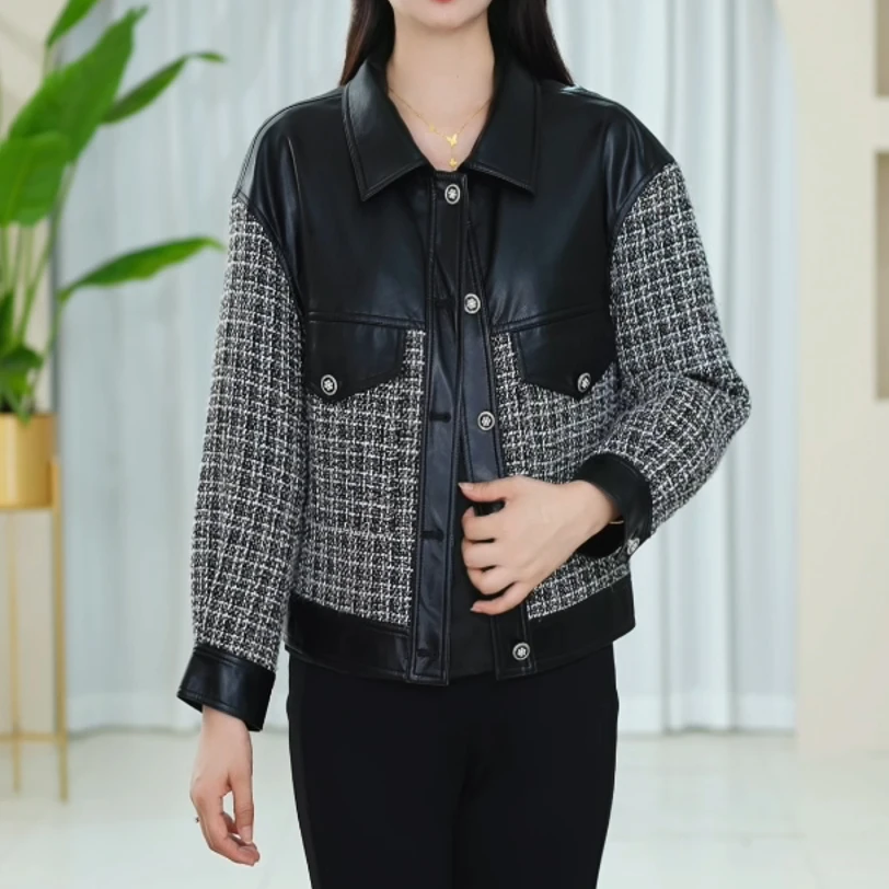 S5326时尚拼接短款皮衣外套女2024秋冬新款时尚休闲上衣女外套