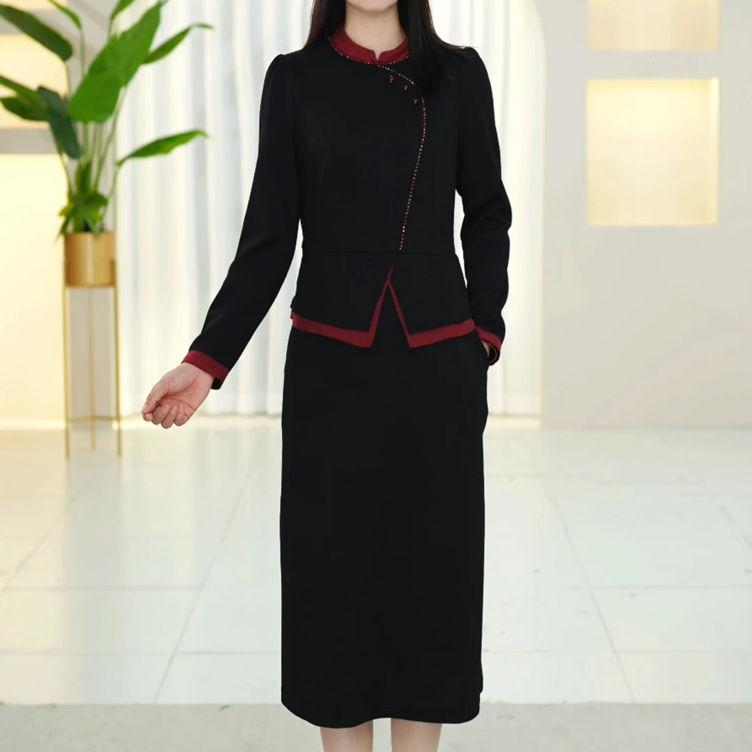 Y8035时尚显瘦气质长袖气质修身假两件中长裙