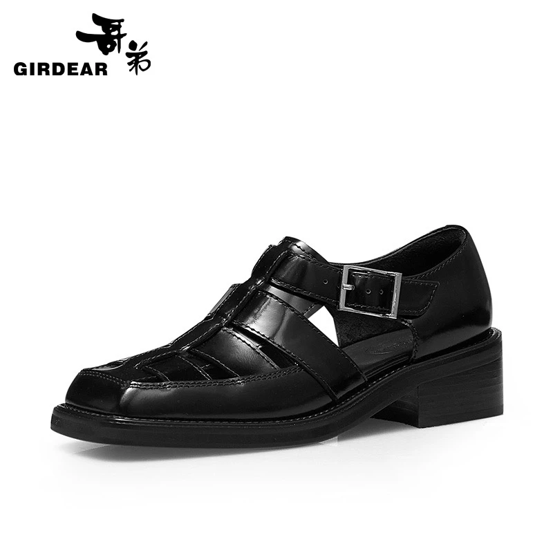 GIRDEAR/哥弟真的好女鞋新款牛皮方头镂空扣带英伦别致凉鞋 13082