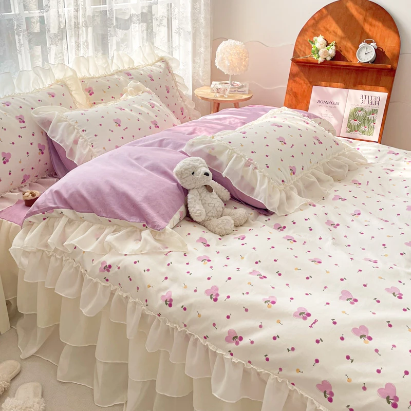 2024新款全棉公主风床裙款四件套 小清新韩版印花纯棉被套少女心
