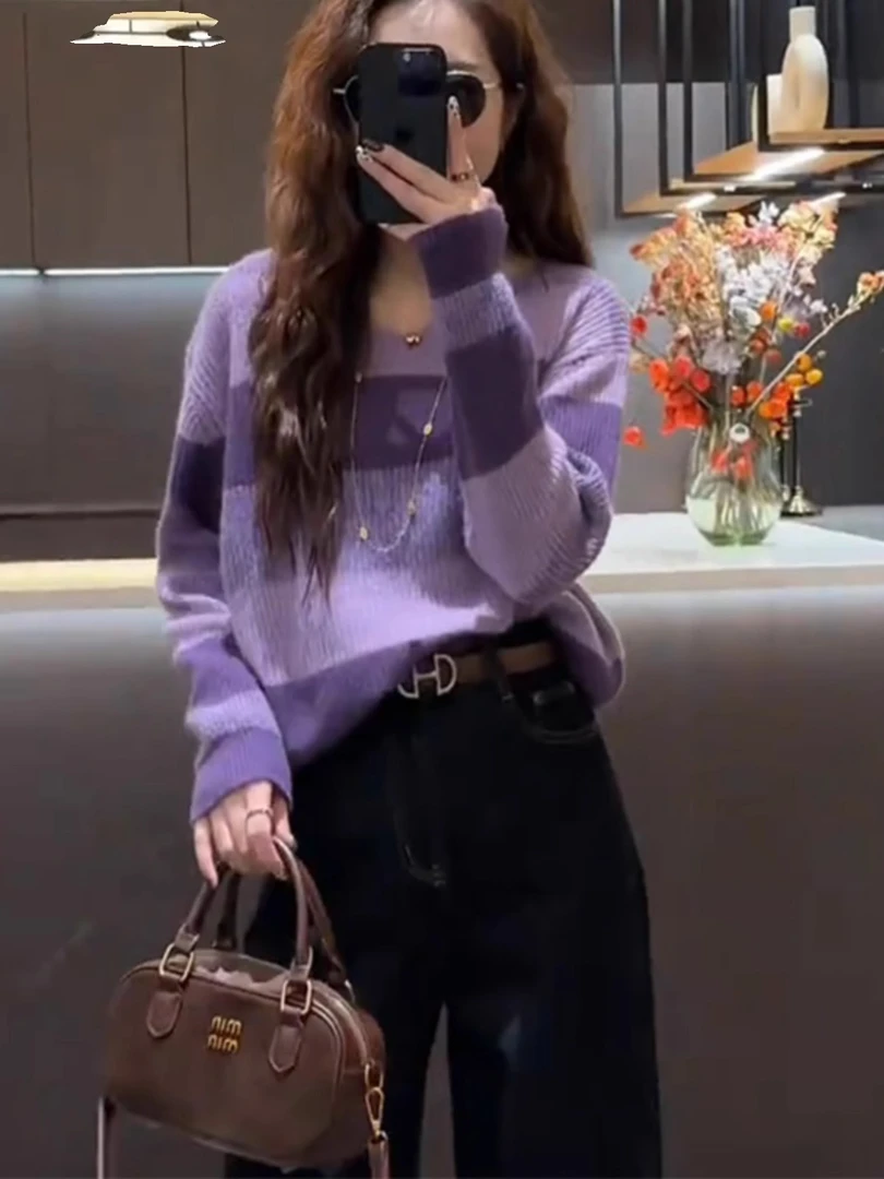 撞色条纹针织衫女2024春秋新款时尚洋气圆领毛衣高级感紫色上衣潮