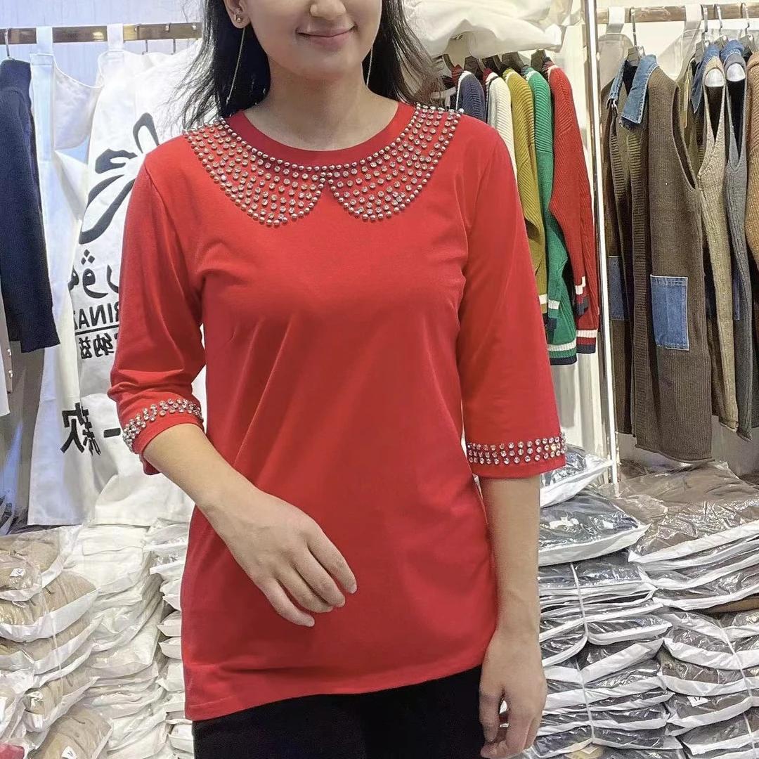 水钻纯棉衫圆领时尚上衣宽松显瘦套头