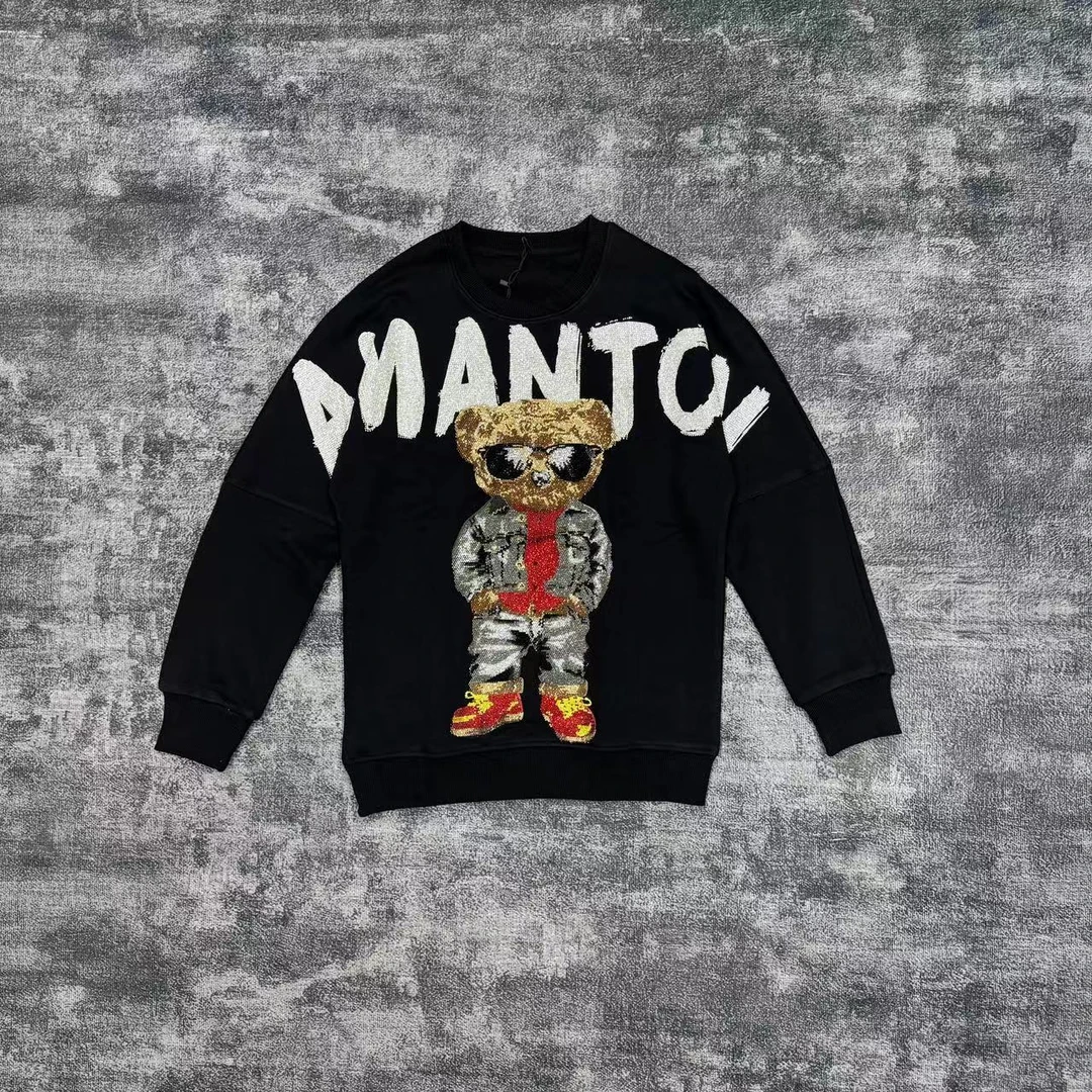 11850#-851#卫衣牛仔小熊衣服男装时尚黑色印花圆领重工套头百搭