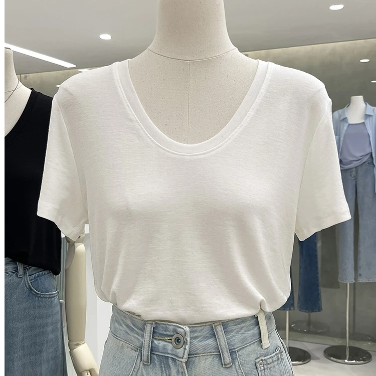 基础款内搭打底短袖T恤女夏季新款纯色休闲百搭大领口U领体恤上衣