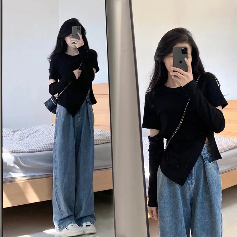 黑色正肩不规则镂空破洞长袖T恤女春季设计感小众开叉收腰上衣潮