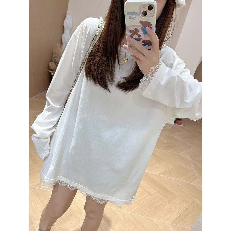 白色圆领长袖蕾丝拼接T恤女2025春秋新款百搭宽松中长款打底上衣