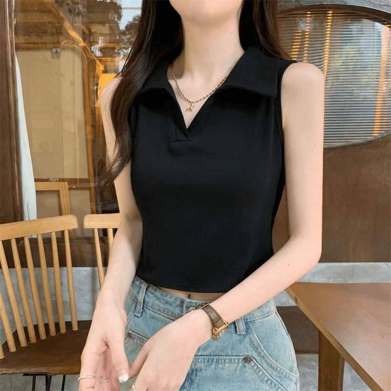 美式polo领辣妹女内搭夏设计感小众性感外穿无袖短款复古黑色上衣