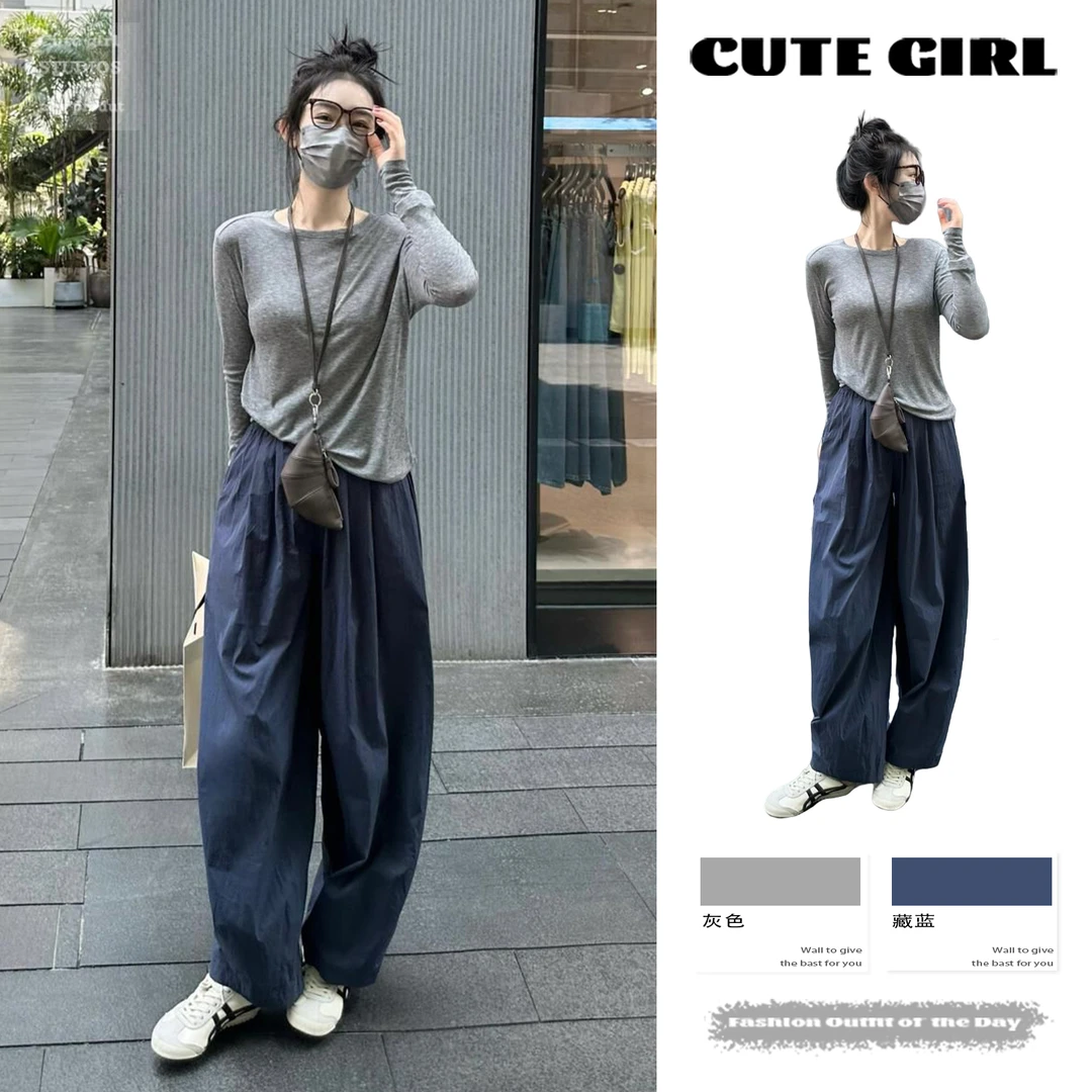 慵懒风灰色薄款长袖T恤女2025春秋季新款小个子简约纯色外搭上衣