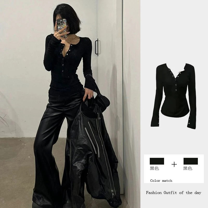 辣妹风V领长袖T恤打底衫女可外穿春秋季穿搭收腰显瘦黑色洋气上衣