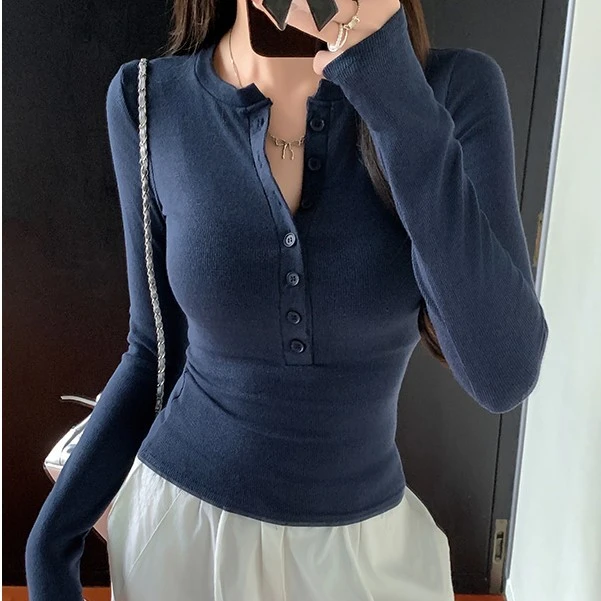 辣妹紧身正肩长袖T恤女春秋季小众半开领打底衫显瘦别致内搭上衣