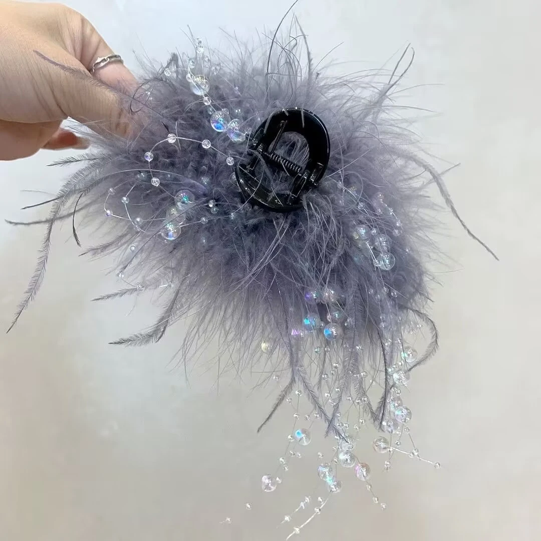 秋冬新款2024高级感羽毛流苏雾霾蓝洋气百搭超仙后脑勺抓夹ins