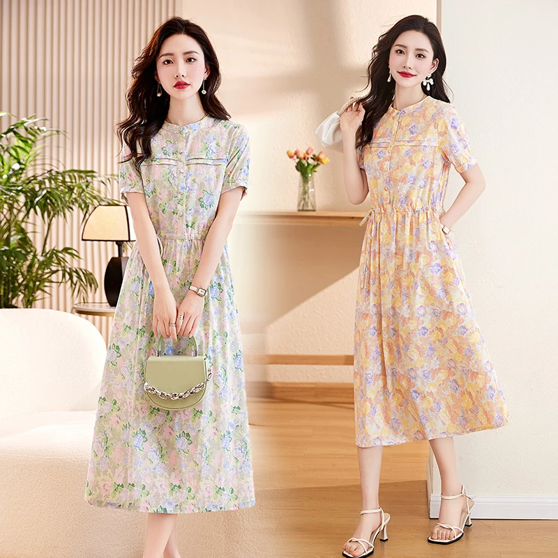 2024年夏季新款时尚气质优雅中长款碎花连衣裙2024年夏季