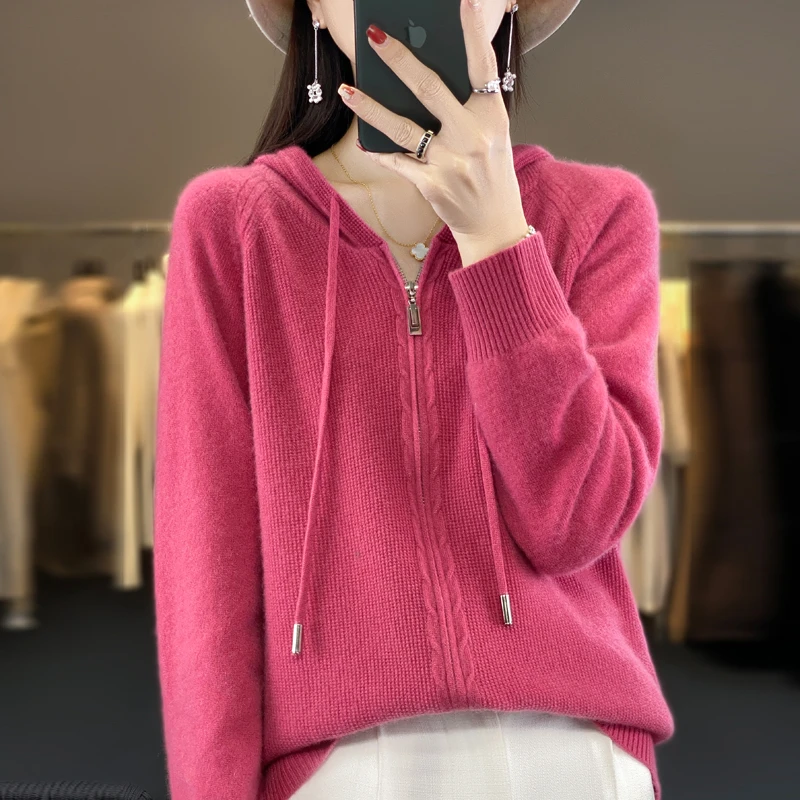 830春季新款双拉链连帽开衫女宽松长袖显瘦针织衫外穿毛衣外套