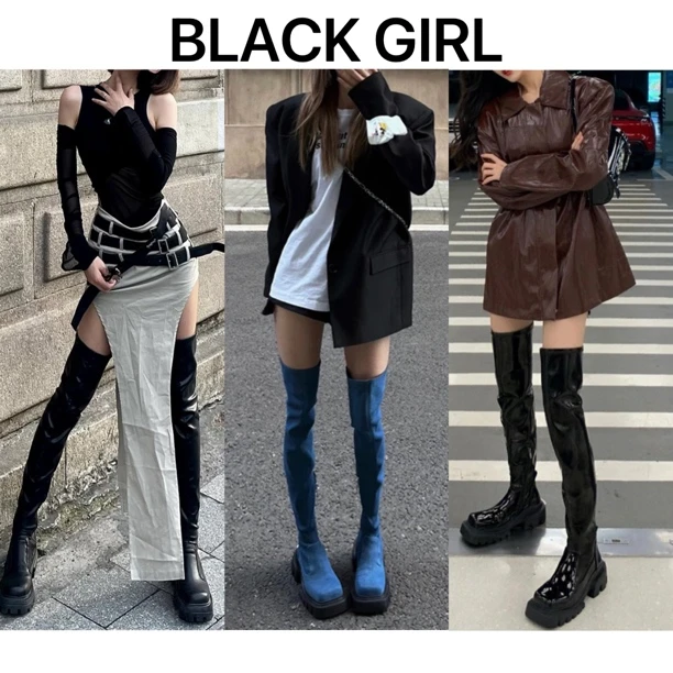 Blackgirl新款【天花板】网红同款方头厚底长靴黑色过膝靴女鞋