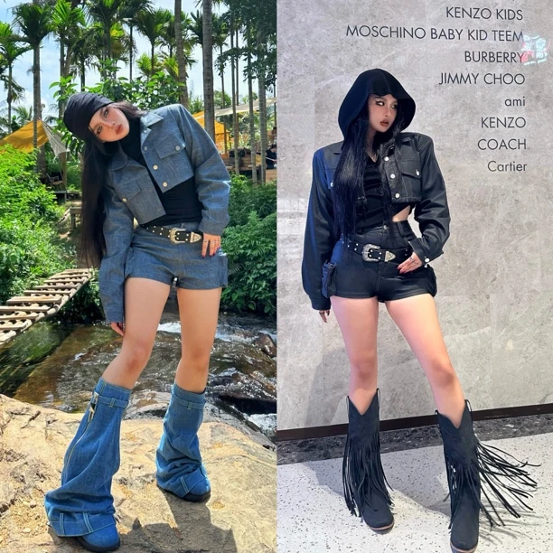 Blackgirl【西部牛仔】辣妹套装短款工装机能皮夹克皮短裤两件套