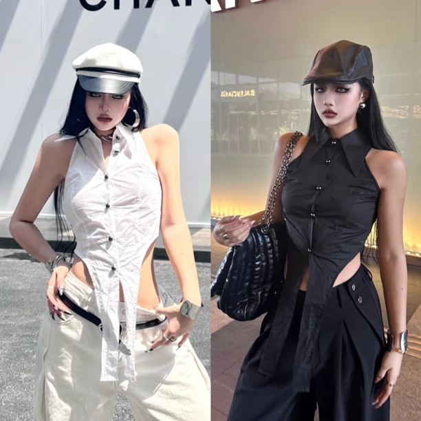 Blackgirl新款【拜托小姐】 显腰身无袖辣妹设计感夏季衬衫马甲背心