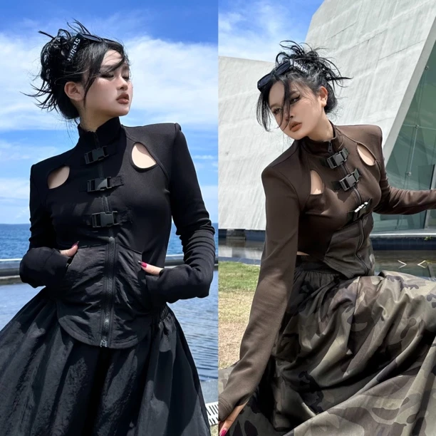 Blackgirl新款【疯批美人】工装机能未来感T恤原创设计 显瘦上衣