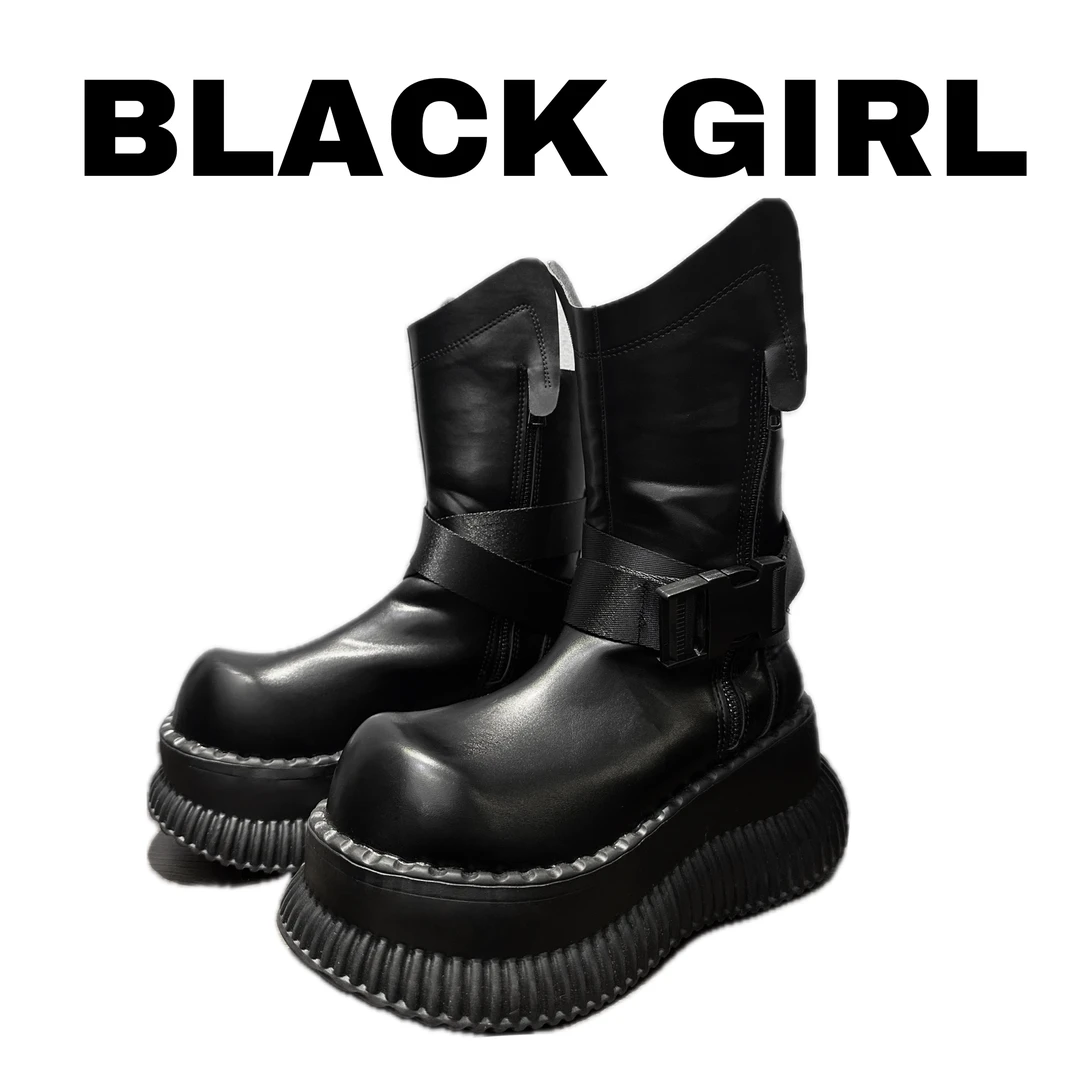 Blackgirl新款【酷女孩】原创设计工装暗黑厚底鞋马丁靴圆头鞋增高