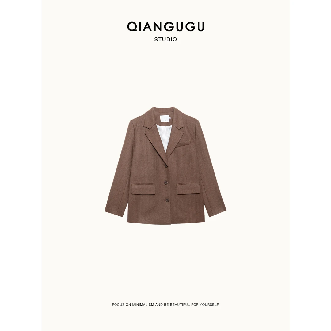 钱谷谷 时髦知识分子清冷感人字纹撞色羊毛西装外套 Q24070927