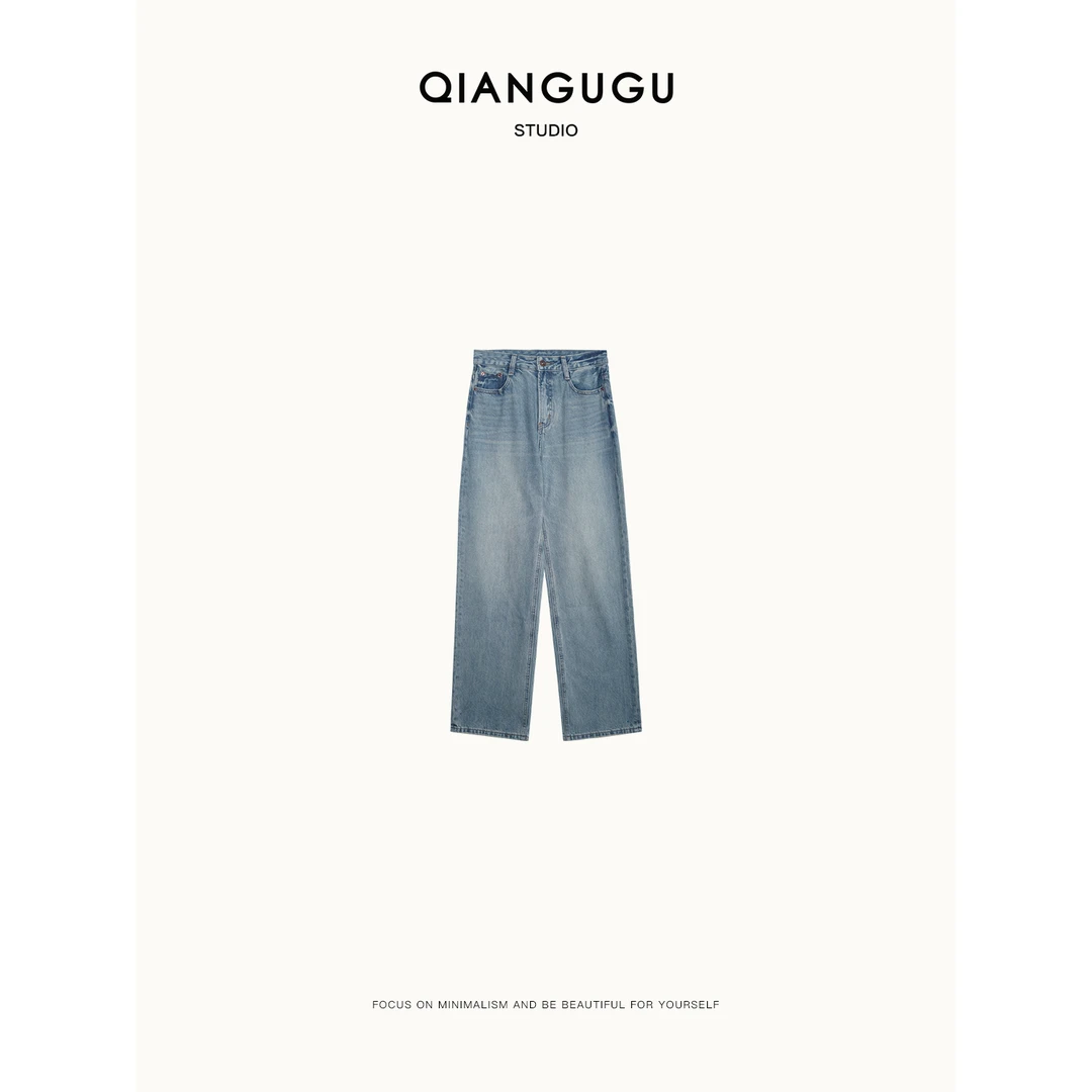 钱谷谷 美式复古做旧洗水宽松休闲百搭直筒牛仔裤长裤 Q23031015