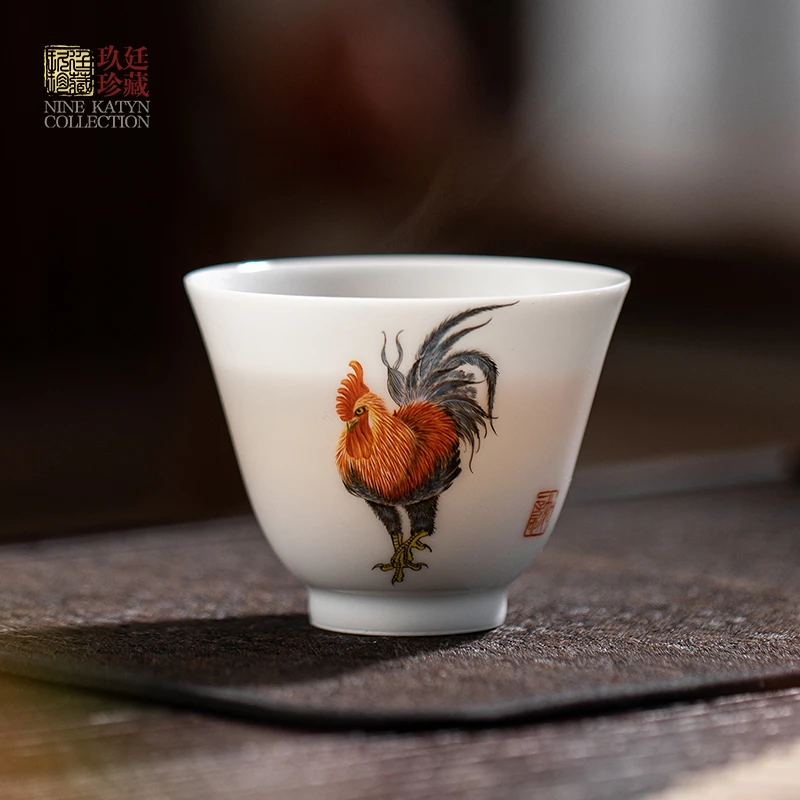 景德镇陶瓷茶杯手工手绘珐琅彩公鸡品茗杯茶具高档礼品独特主人杯